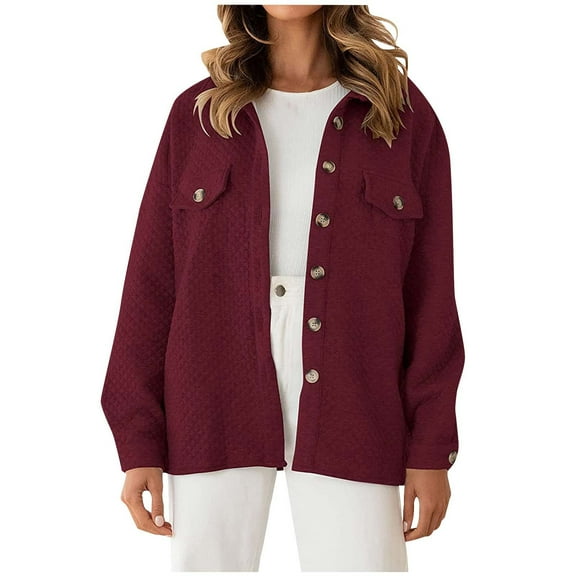 ShomPort Womens Casual Solid Color Button Jacket Shackets Fall Long Sleeve Lapel Shirt