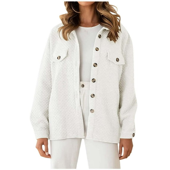 ShomPort Womens Casual Solid Color Button Jacket Shackets Fall Long Sleeve Lapel Shirt