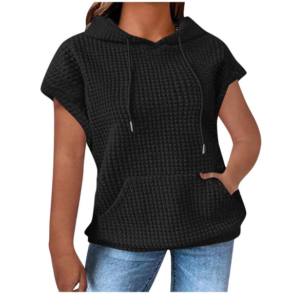 ShomPort Womens Casual Sweatershirts Solid Color Short Sleeve Hooded Pullover Tops with Pocket