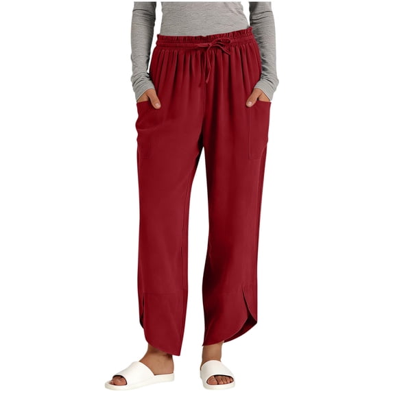 ShomPort Womens Cotton Linen Pants Crop Hem Slit Boho Elastic Waist Casual Loose Lounge Pants with Pockets