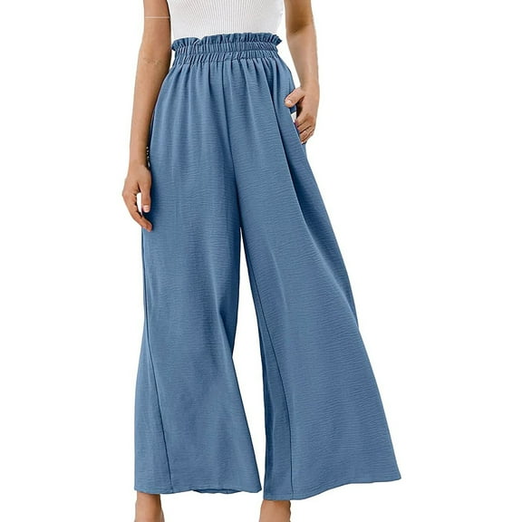 ShomPort Womens Cotton Linen Pants Elastic High Waist Wide Leg Trousers Full Length Casual Pants with Pockets (Blue)