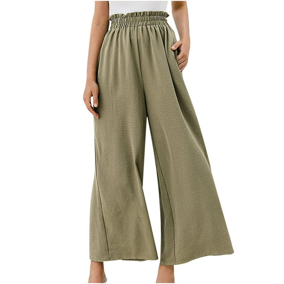 ShomPort Womens Cotton Linen Pants Elastic High Waist Wide Leg Trousers Full Length Casual Pants with Pockets (Green)