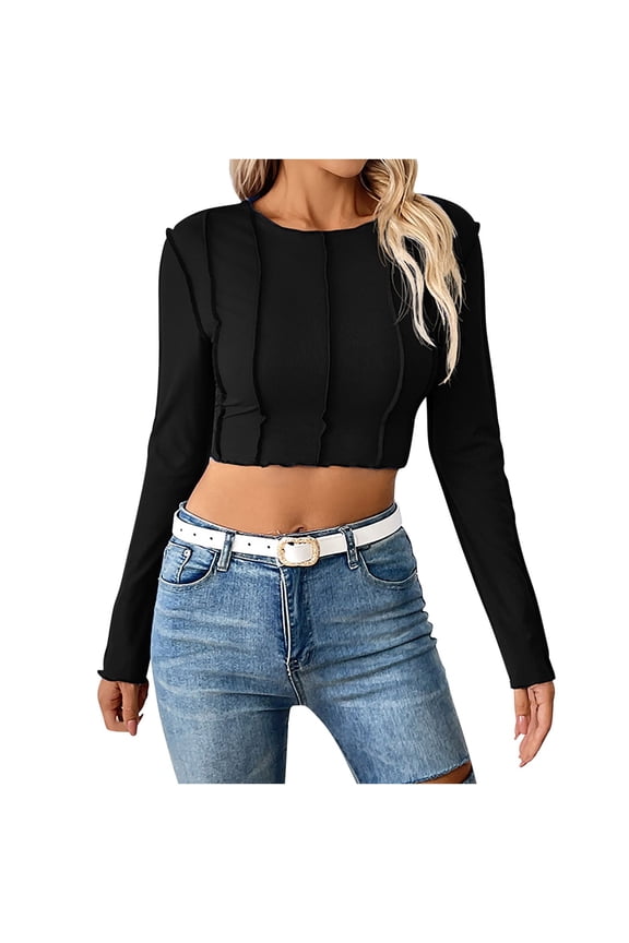 Womens Crop Tops Long Sleeve Round Collared Solid Color Stretchy T-Shirts Trendy Lightweight Daily Cozy Breathable Blouses