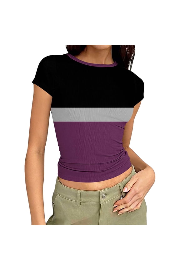 Womens Cropped Tops Color Block Short Sleeve Round Collared Slim Ribbed Knit T-Shirts Breathable Casual Summer Blouses
