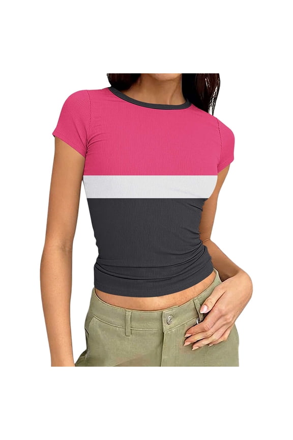 Womens Cropped Tops Color Block Short Sleeve Round Collared Slim Ribbed Knit T-Shirts Breathable Casual Summer Blouses