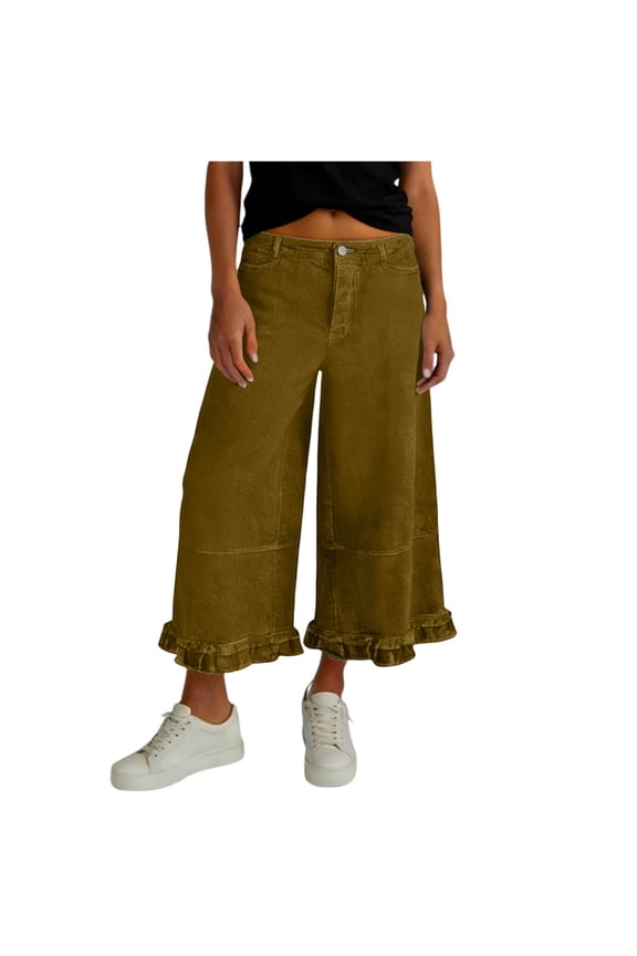 Womens Cropped Wide Leg Pants Baggy Jeans Ruffle Hem Mid Waist Denim Pants with Pockets