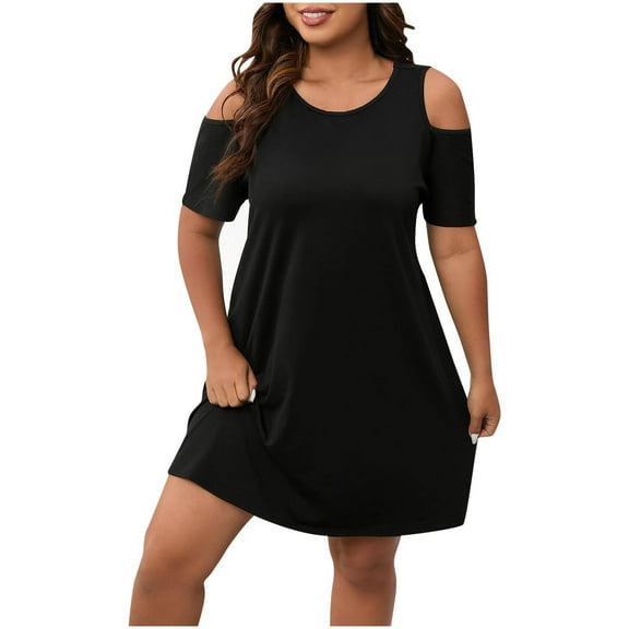 ShomPort Womens Dresses Round Neck Short Sleeve Off Shoulder Mini Dresses Comfy A-Line Plus Size Ladies Dresses