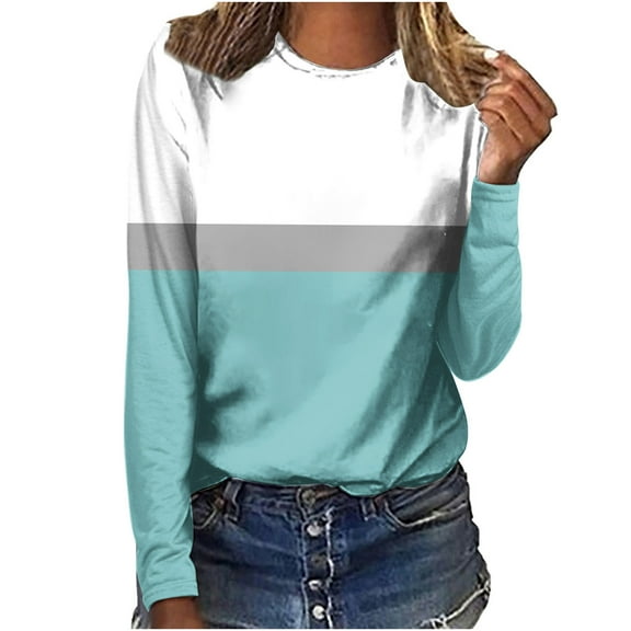 ShomPort Womens Fall Fashion Tops Casual Loose Long Sleeve Crewneck Color Block Blouse T-Shirt