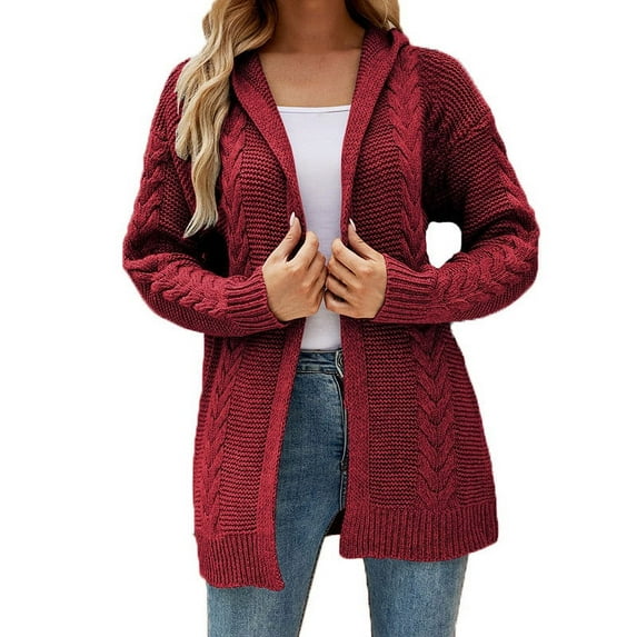 ShomPort Womens Fall Hooded Sweater Cardigans Long Sleeve Cable Knit Open Front Winter Coat Cardigan