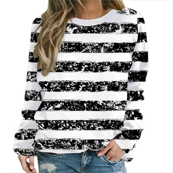 ShomPort Womens Fall Casual Sweatshirt Long Sleeve Cute Pullover Crewneck Striped Tunic Tops