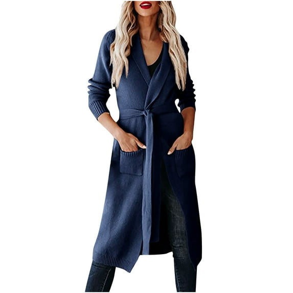ShomPort Womens Fall Fashion Knit Cardigan with Straps Casual Long Sleeve Solid Color Coat with Pockets