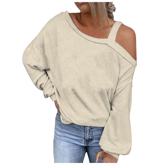 ShomPort Womens Fall Fashion Long Sleeve One Shoulder Tops Solid Color Lantern Long Sleeve Blouse Shirt