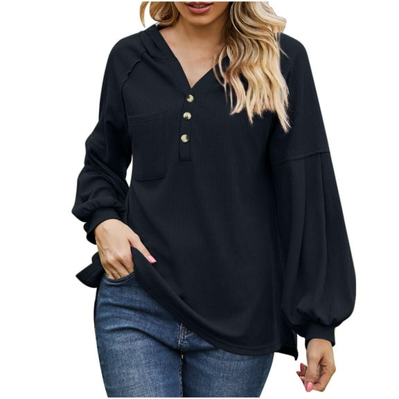 ShomPort Womens Fall Hoodie Casual Long Sleeve Button Collar Sweatshirt Loose Ribbed Pullover Tops