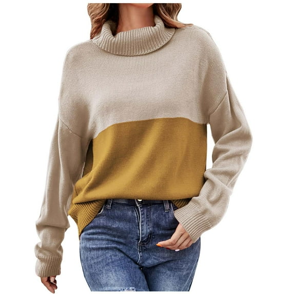 ShomPort Womens Fall Long Sleeve Turtleneck Casual Color Block Knitted Pullover Sweater Jumper Tops