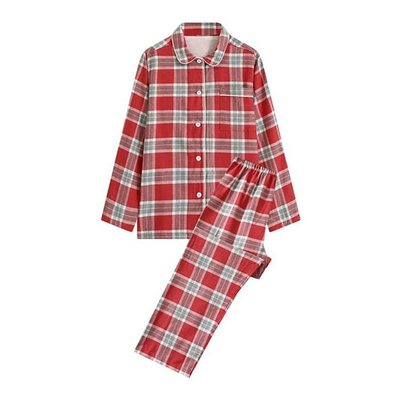 ShomPort Womens Fall Pajamas Two Piece Lounge Outfits Casual Long Sleeve Button up Plaid Shirt and Pants Sleepwear Set