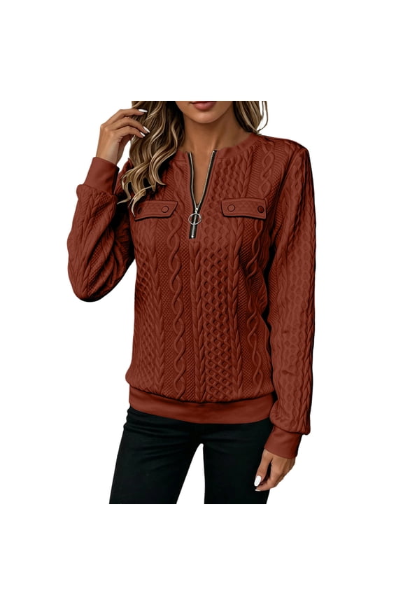 Womens Fall Pullover Tops Quilted 1/4 Zip Textured Long Sleeve Solid Color Sweatshirts Dailywear
