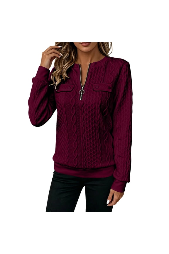 Womens Fall Pullover Tops Quilted 1/4 Zip Textured Long Sleeve Solid Color Sweatshirts Dailywear