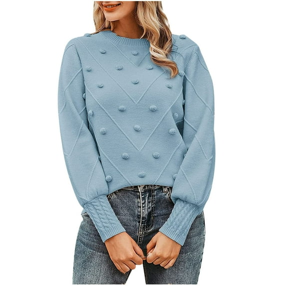 ShomPort Womens Fall Sweater Puff Long Sleeve Round Neck Pullover Loose Casual Jumper