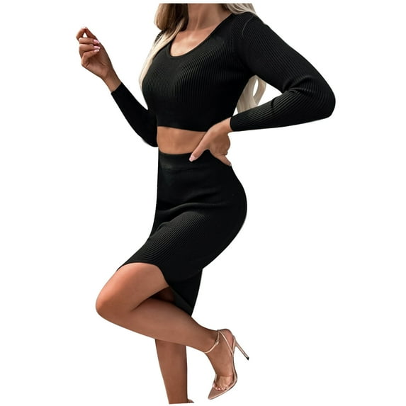ShomPort Womens Fall Two Piece Outfits Ribbed Knit Long Sleeve Pullover Sweater and Bodycon Midi Skirt Lounge Sets