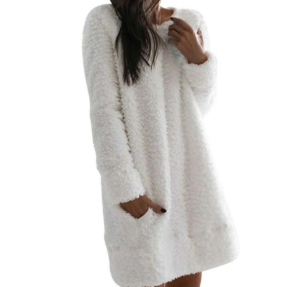 ShomPort Womens Fleece Comfy Soft Pullover Tops Long Dress Fuzzy Oversized Sweatshirts with Pockets Loungewear (White 10)