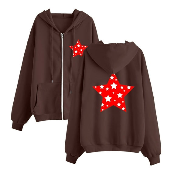 ShomPort Womens Fleece Full-zip Hoodie Oversized Long Sleeve Star Printed Pocket Fall Casual Drawstring Sweatshirts