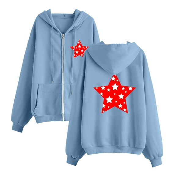 ShomPort Womens Fleece Full-zip Hoodie Oversized Long Sleeve Star Printed Pocket Fall Casual Drawstring Sweatshirts