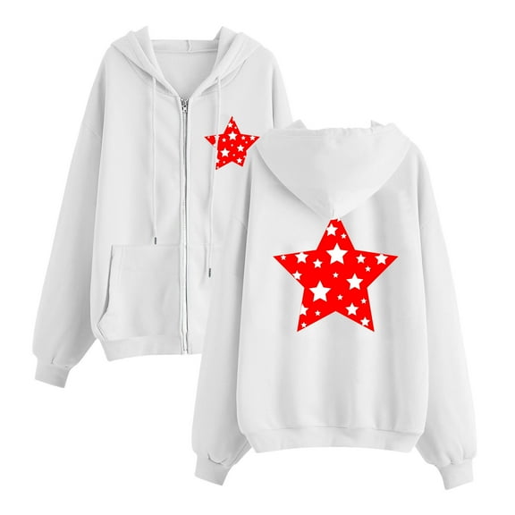 ShomPort Womens Fleece Full-zip Hoodie Oversized Long Sleeve Star Printed Pocket Fall Casual Drawstring Sweatshirts