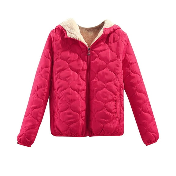 ShomPort Womens Fleece Lined Quilted Jacket Long Sleeve Solid Color Zip up Jacket Loose Comfy Warm Coat (Hot Pink)