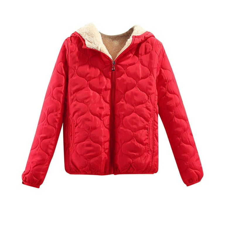 ShomPort Womens Fleece Lined Quilted Jacket Long Sleeve Solid Color Zip up Jacket Loose Comfy Warm Coat Red Walmart