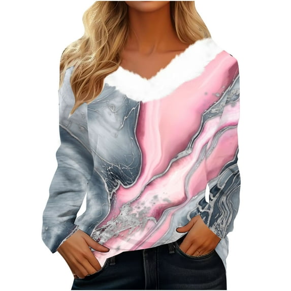 ShomPort Womens Fleece V Neck Casual Loose Tops Long Sleeve Gradient Color Tunic Blouse