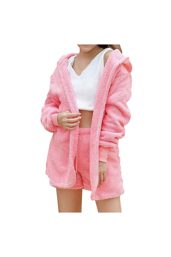 Womens Fuzzy 3 Piece Outfits Fleece Warm Hooded Cardigan Crop Top Shorts Set Pajamas Loungewear Sleepwear Set