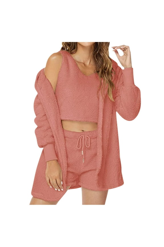 Womens Fuzzy 3 Piece Outfits Fleece Warm Hooded Cardigan Crop Top Shorts Set Pajamas Loungewear Sleepwear Set