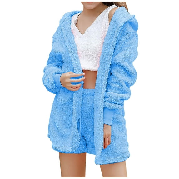 ShomPort Womens Fuzzy 3 Piece Outfits Fleece Warm Hooded Cardigan Crop Top Shorts Set Pajamas Loungewear Sleepwear Set