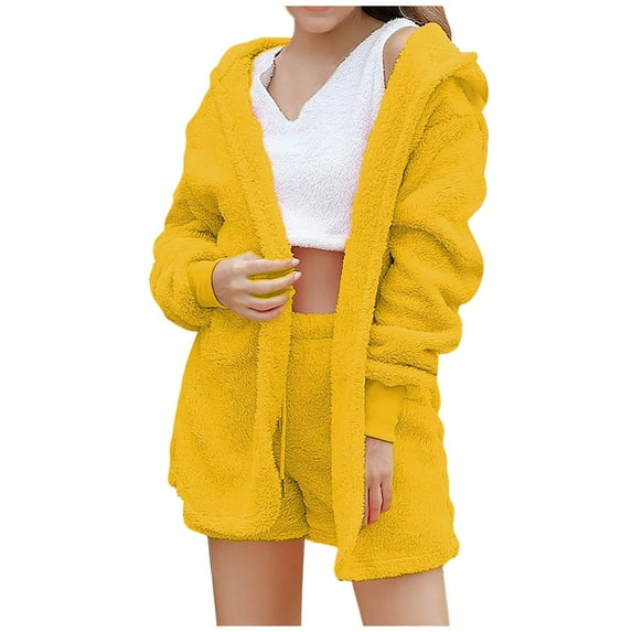 ShomPort Womens Fuzzy 3 Piece Outfits Fleece Warm Hooded Cardigan Crop Top Shorts Set Pajamas Loungewear Sleepwear Set