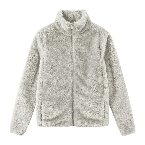 ShomPort Womens Fuzzy Fleece Jacket Zip up Stand Collar Solid Color Winter Warm Cozy Sweatshirt