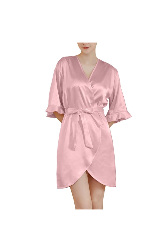 Womens Half Sleeve Bathrobe Silk Ruffle Robe Short Satin Robe Bridesmaid Wedding Party Dressing Gown