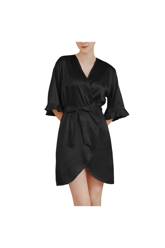 Womens Half Sleeve Bathrobe Silk Ruffle Robe Short Satin Robe Bridesmaid Wedding Party Dressing Gown