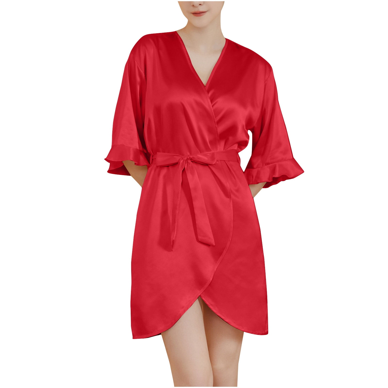 ShomPort Womens Half Sleeve Bathrobe Silk Ruffle Robe Short Satin Robe ...