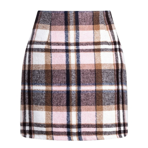 ShomPort Womens High Waist Plaid Skirt Bodycon Pencil Mini Skirts Fall Casual Cotton Linen Skirt