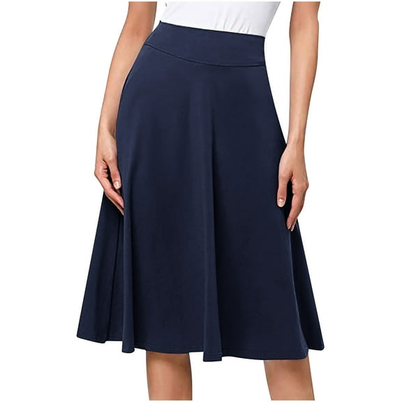 ShomPort Womens High Waist Skirts for Summer Casual A-Line Midi Skirts Knee Length Solid Color Long Skirts (Medium, Dark Blue)