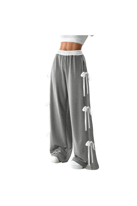 Womens High Waisted Sweatpants Bow Knot Wide Leg Patchwork Breathable Streetwear Going Out Full Length Trendy Trousers