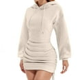 thumbnail image 1 of ShomPort Womens Hoodie Dress Fleece Long Sleeve Ruched Drawstring Tunic Sweatshirt Bodycon Dresses, 1 of 1
