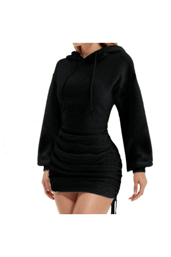 Womens Hoodie Dress Fleece Long Sleeve Ruched Drawstring Tunic Sweatshirt Bodycon Dresses
