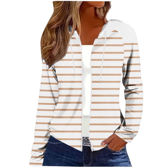 ShomPort Womens Hoodie Sweatshirt Thin Casual Full Zip Stripe Long Sleeve Cardigan Outerwear Spring Summer