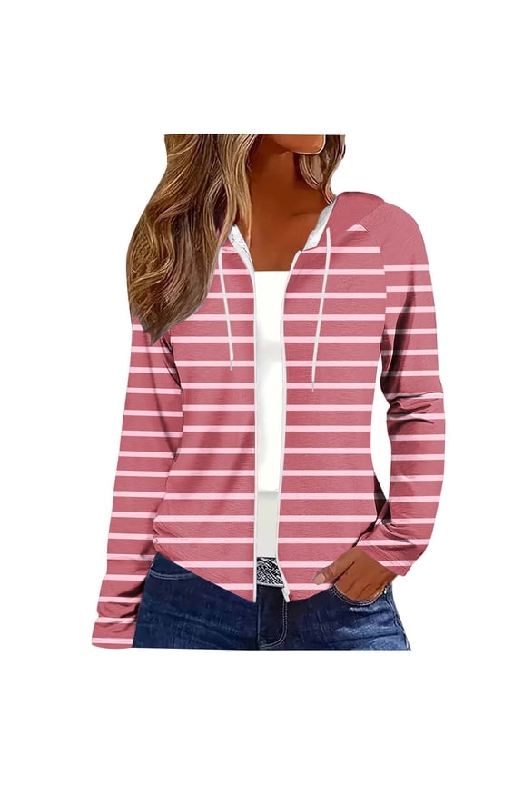 Womens Hoodie Sweatshirt Thin Casual Full Zip Stripe Long Sleeve Cardigan Outerwear Spring Summer