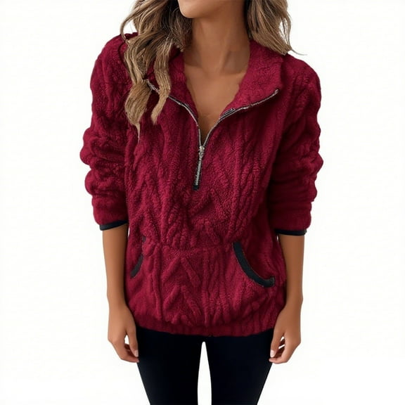 ShomPort Womens Hoodies Half Zipper Fleece Kintted Ribbed Long Sleeve Lapel Stylish Thermal Outdoor Sweatshirts