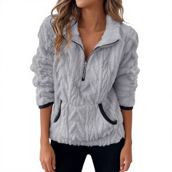 ShomPort Womens Hoodies Half Zipper Fleece Kintted Ribbed Long Sleeve Lapel Stylish Thermal Outdoor Sweatshirts