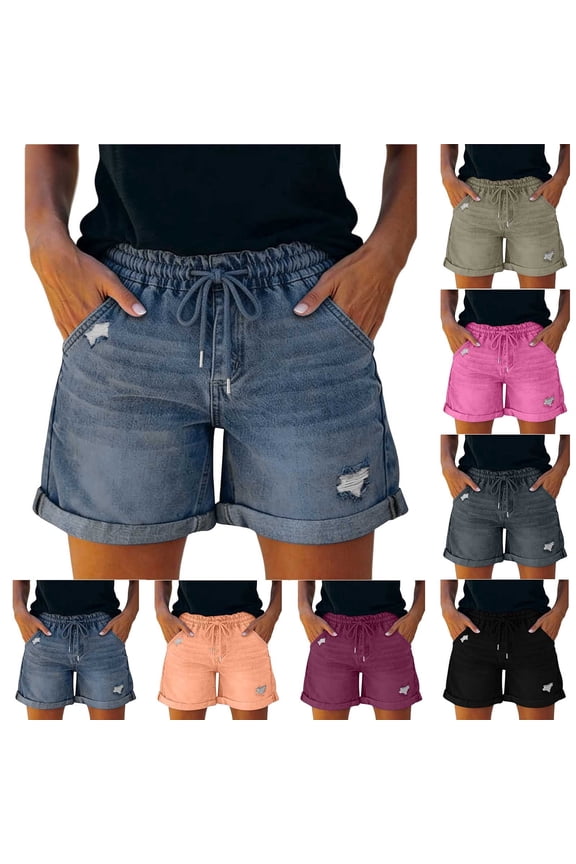 Womens Jean Shorts Rolled Hem Ripped Drawstring Elastic Waist Summer Casual Denim Short