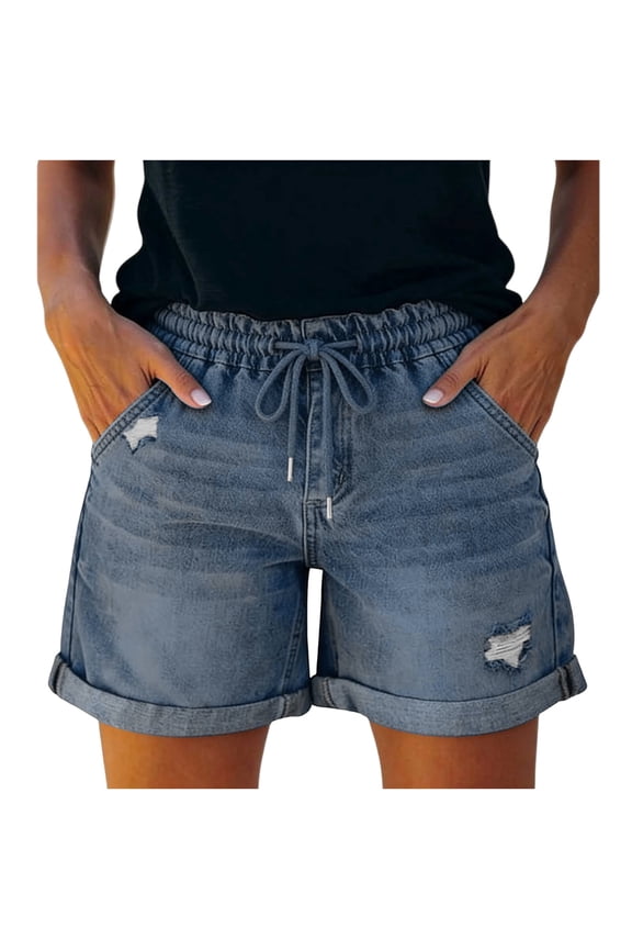 Womens Jean Shorts Rolled Hem Ripped Drawstring Elastic Waist Summer Casual Denim Short