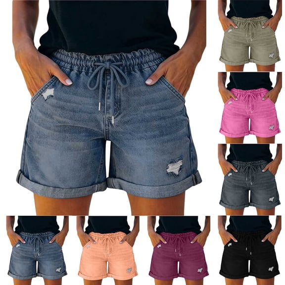 ShomPort Womens Jean Shorts Rolled Hem Ripped Drawstring Elastic Waist Summer Casual Denim Short